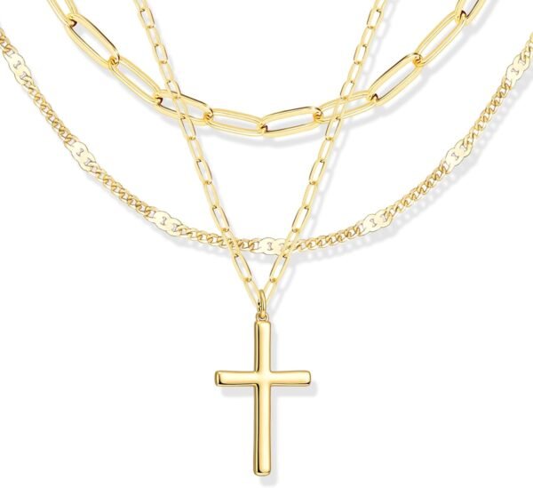 Layered Gold Necklaces for Women,Stackable Dainty 14K Gold Silver Plated Trendy Circle Paperclip Chain Pendant Choker Necklace,Simpl Diamond Cross Bow Jewelry Set Gifts for Women