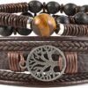 Genuine Leather Tree of life Bracelets Men Women, Tiger Eye Natural Stone Lava Rock Beads Ethnic Tribal Elastic Bracelets Wristbands
