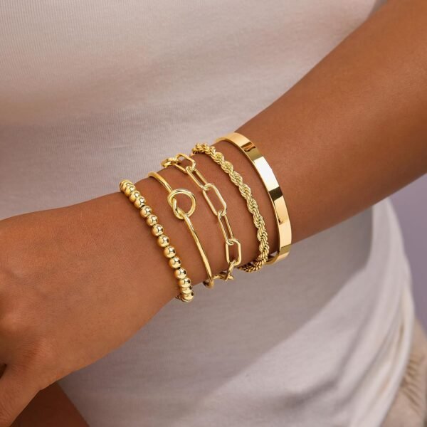 813j76HbJDL._AC_SL1500 Gold Bracelets for Women Non Tarnish, 14K Gold Plated Chunky Cuff Bracelet Gold Bangles Bracelet for Women Trendy Tie Knot Cuban Rope Paperclip Beaded Bracelet Stack Jewelry Gifts