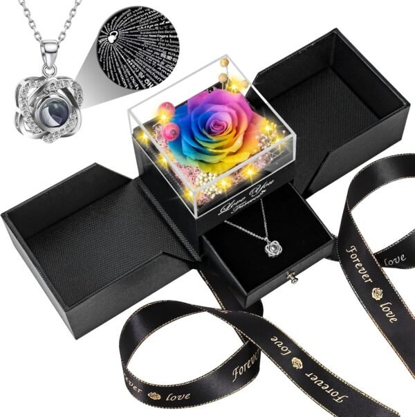 Preserved Red Real Rose with Heart I Love You Necklace -Eternal Flowers Rose Birthday Gifts for Women Her Mom Wife Girlfriend Grandma on Valentines Mothers Day Christmas Anniversary Romantic-Red