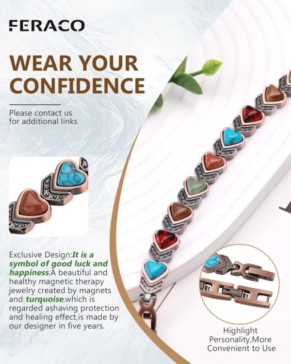 Pure Copper Bracelets for Women, Ultra Strength Magnetic Bracelet with 3800 Gauss Magnets & Natural Turquoise & Stones, Adjustable, Jewelry Gift