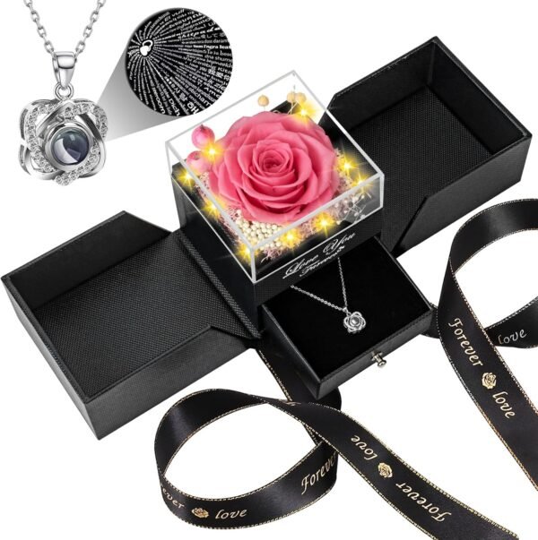 Preserved Red Real Rose with Heart I Love You Necklace -Eternal Flowers Rose Birthday Gifts for Women Her Mom Wife Girlfriend Grandma on Valentines Mothers Day Christmas Anniversary Romantic-Red