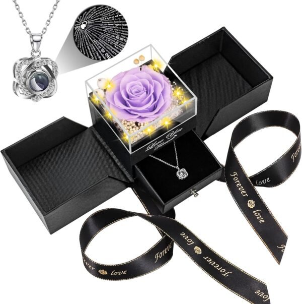 Preserved Red Real Rose with Heart I Love You Necklace -Eternal Flowers Rose Birthday Gifts for Women Her Mom Wife Girlfriend Grandma on Valentines Mothers Day Christmas Anniversary Romantic-Red