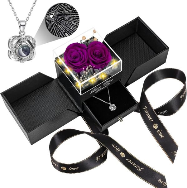 Preserved Red Real Rose with Heart I Love You Necklace -Eternal Flowers Rose Birthday Gifts for Women Her Mom Wife Girlfriend Grandma on Valentines Mothers Day Christmas Anniversary Romantic-Red