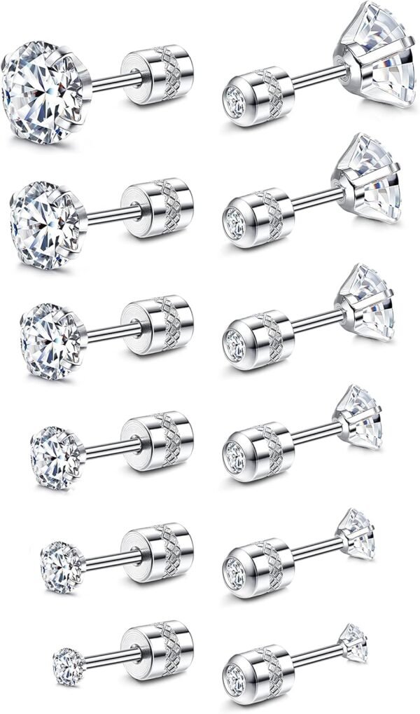 20G Hypoallergenic Flat Back Earrings for Women Men Silver 14K Gold Stainless Steel Stud Earrings Brithstone Cubic Zirconia Studs Surgical Steel Cartilage Earrings for Sensitive Ears