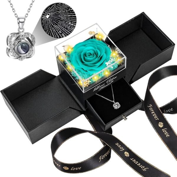 Preserved Red Real Rose with Heart I Love You Necklace -Eternal Flowers Rose Birthday Gifts for Women Her Mom Wife Girlfriend Grandma on Valentines Mothers Day Christmas Anniversary Romantic-Red