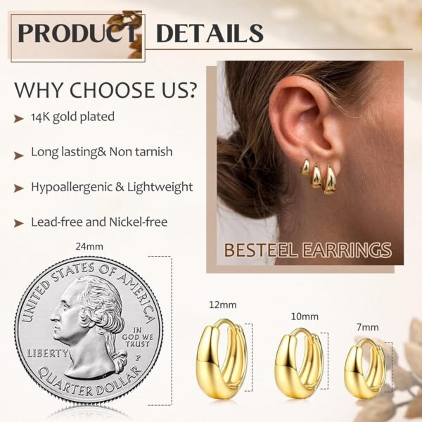 3Pairs 14K Gold Plated Hoop Earrings Set for Women Chunky Earring Silver Plated Hypoallergenic Small Huggie Hoops Lightweight Tiny Thick Trendy Hoop Earrings Stacks for Multiple Piercing