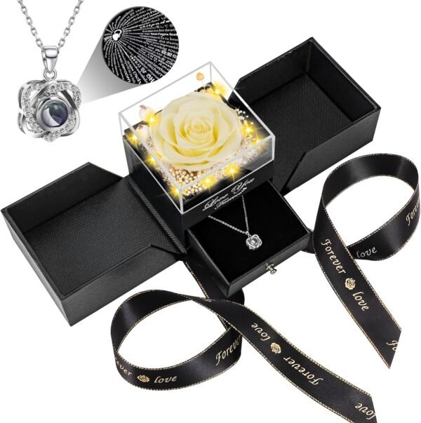 Preserved Red Real Rose with Heart I Love You Necklace -Eternal Flowers Rose Birthday Gifts for Women Her Mom Wife Girlfriend Grandma on Valentines Mothers Day Christmas Anniversary Romantic-Red