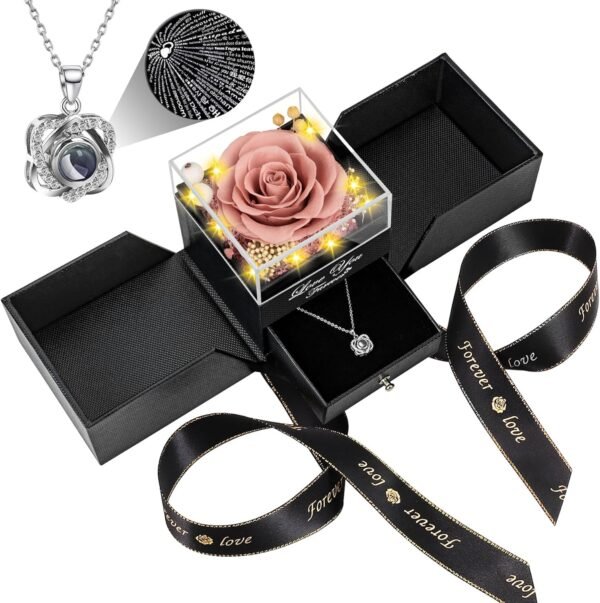 Preserved Red Real Rose with Heart I Love You Necklace -Eternal Flowers Rose Birthday Gifts for Women Her Mom Wife Girlfriend Grandma on Valentines Mothers Day Christmas Anniversary Romantic-Red