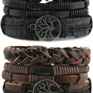 Genuine Leather Tree of life Bracelets Men Women, Tiger Eye Natural Stone Lava Rock Beads Ethnic Tribal Elastic Bracelets Wristbands