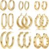 9 Pairs Gold Hoop Earrings for Women, 925 Sterling Silver Post 14K Real Gold Plated Chunky Hoop Earrings Set for Women Hypoallergenic Thick Lightweight Earring for Womens Jewelry Gifts