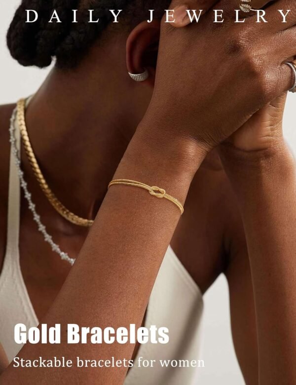 Silver Gold Bracelets for Women Trendy 14K Gold Plated Bracelet for Women Non Tarnish Dainty Stackable Layered Chain Heart Pearl Knot Beaded Bracelets Stack Set Charm Mothers Day Jewelry Gifts