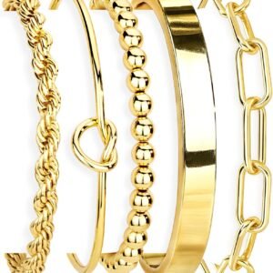Gold Bracelets for Women Non Tarnish, 14K Gold Plated Chunky Cuff Bracelet Gold Bangles Bracelet for Women Trendy Tie Knot Cuban Rope Paperclip Beaded Bracelet Stack Jewelry Gifts