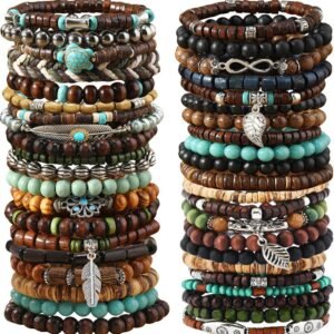 43Pcs Punk Wooden Beads Bracelets Gothic Bracelet for Men Adjustable Vintage Beaded Bracelet Metal Set Wood Bangles Wristbands Commemorative Gift