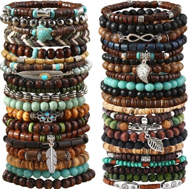 43Pcs Punk Wooden Beads Bracelets Gothic Bracelet for Men Adjustable Vintage Beaded Bracelet Metal Set Wood Bangles Wristbands Commemorative Gift