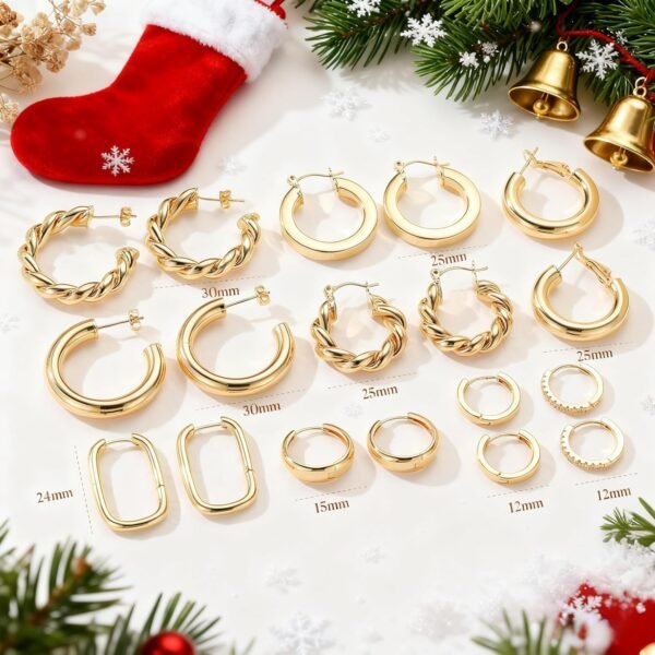 9 Pairs Gold Hoop Earrings for Women, 925 Sterling Silver Post 14K Real Gold Plated Chunky Hoop Earrings Set for Women Hypoallergenic Thick Lightweight Earring for Womens Jewelry Gifts