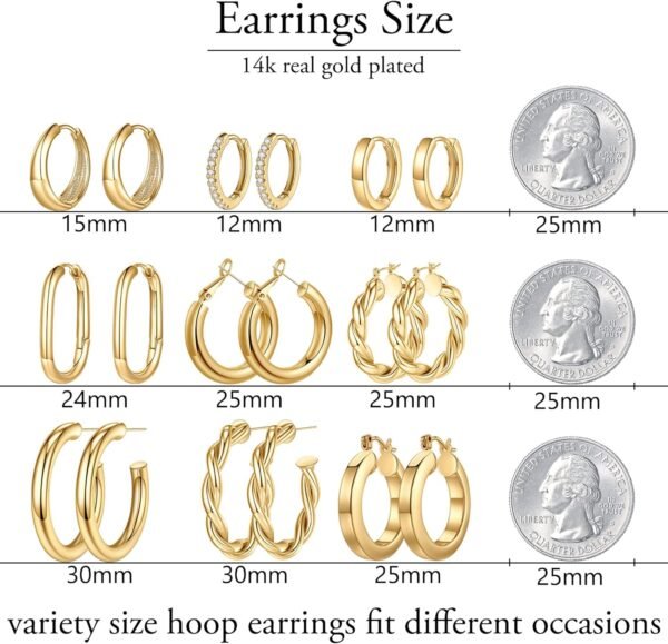 9 Pairs Gold Hoop Earrings for Women, 925 Sterling Silver Post 14K Real Gold Plated Chunky Hoop Earrings Set for Women Hypoallergenic Thick Lightweight Earring for Womens Jewelry Gifts