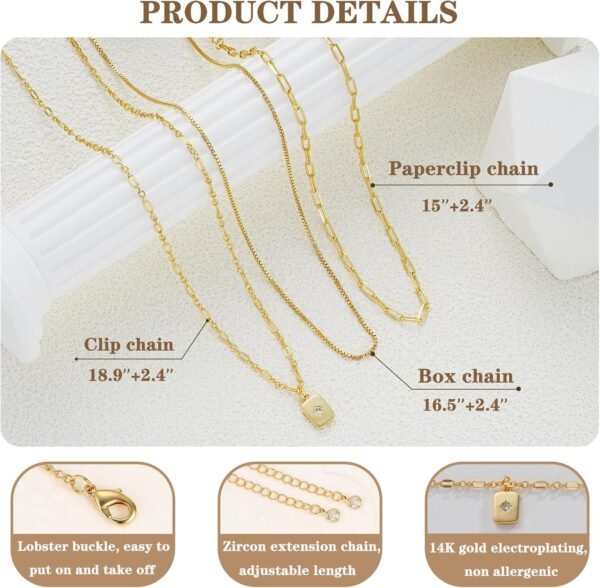 Layered Gold Necklaces for Women Trendy, 3 Pcs 14K Gold Plated Choker Paperclip Box Chain Necklace, Stackable Women's Gold Pendant Necklaces Jewelry Set