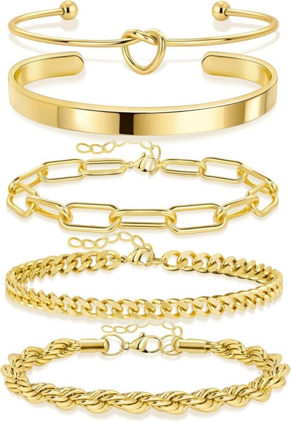 81qfNTrHIqL._AC_SL1500 Gold Bracelets for Women Non Tarnish, 14K Gold Plated Chunky Cuff Bracelet Gold Bangles Bracelet for Women Trendy Tie Knot Cuban Rope Paperclip Beaded Bracelet Stack Jewelry Gifts
