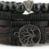 Genuine Leather Tree of life Bracelets Men Women, Tiger Eye Natural Stone Lava Rock Beads Ethnic Tribal Elastic Bracelets Wristbands
