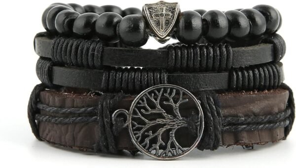 Genuine Leather Tree of life Bracelets Men Women, Tiger Eye Natural Stone Lava Rock Beads Ethnic Tribal Elastic Bracelets Wristbands