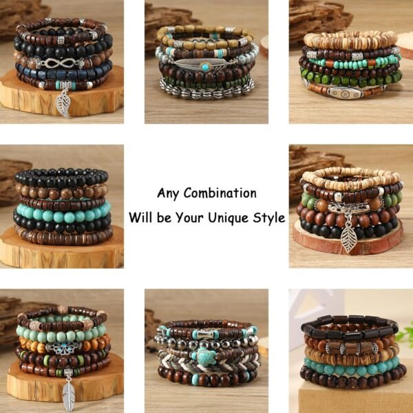 43Pcs Punk Wooden Beads Bracelets Gothic Bracelet for Men Adjustable Vintage Beaded Bracelet Metal Set Wood Bangles Wristbands Commemorative Gift