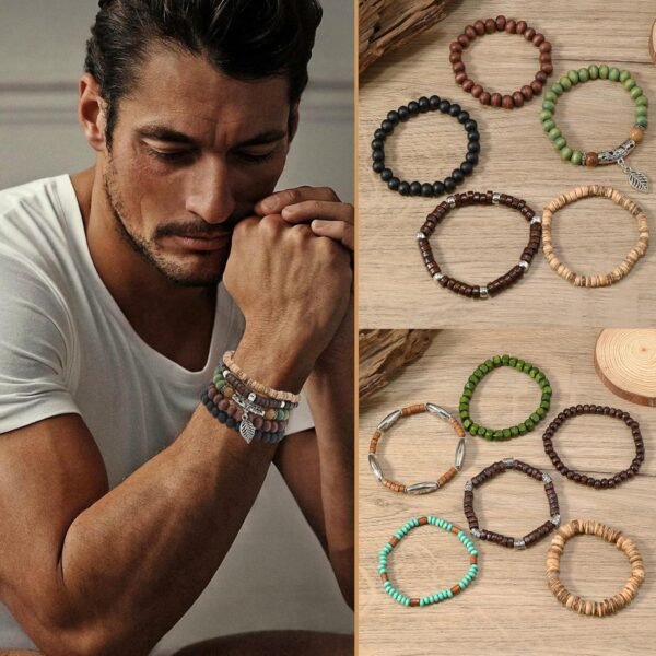 43Pcs Punk Wooden Beads Bracelets Gothic Bracelet for Men Adjustable Vintage Beaded Bracelet Metal Set Wood Bangles Wristbands Commemorative Gift
