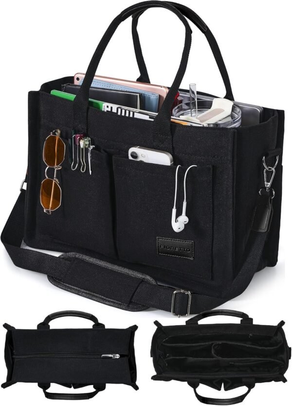 Canvas Tote Bag for Women with Zipper Closure & Individual Compartments for Work College for Teacher & Nurse